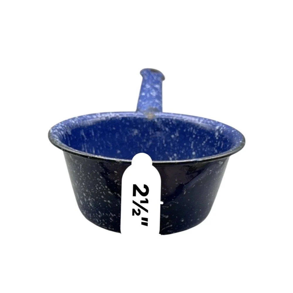 Vintage Blue Speckled Enamelware Dipper Ladle Farmhouse Graniteware Pot 6.5 Inch